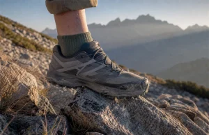 Do You Need a Rock Plate for Hiking? Not Always Low-cut hiking shoe stepping onto sharp granite on a rocky trail at first light, sole flexing over a pointed rock