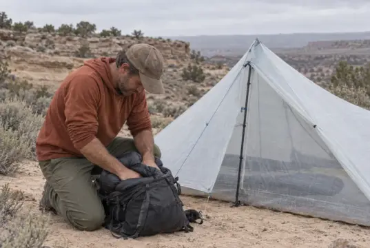 Silnylon vs Dyneema (DCF) What Fails First on Trail Hiker packing gear beside a pitched DCF shelter on a sandy desert bench, silnylon vs Dyneema choice in the field