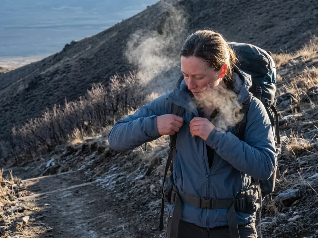 Hiker venting an unzipped rain shell during a cold uphill climb, membrane breathability in practice