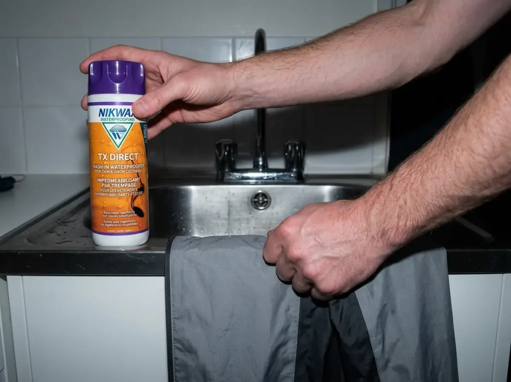 Nikwax TX.Direct bottle beside a wetted-out rain jacket at the laundry sink, restoring DWR