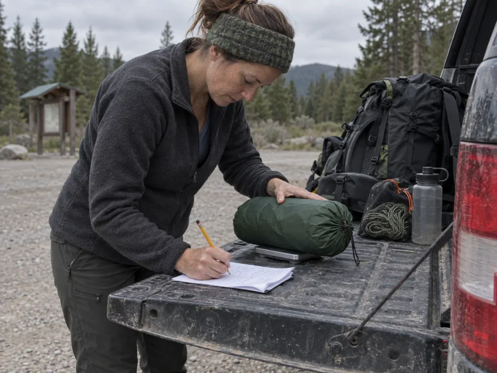 Hiker weighing a packed silnylon shelter on a scale at the trailhead to compare silnylon vs Dyneema weight