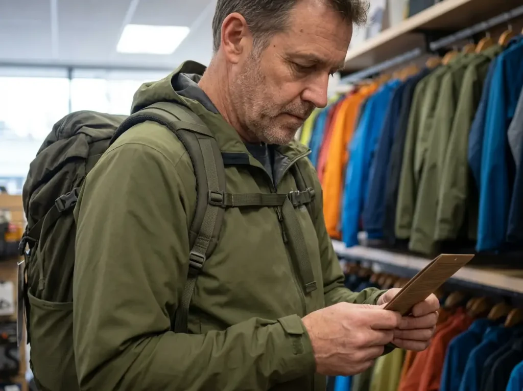 Hiker checking a rain jacket hang tag in a gear shop where pack straps press the shoulder fabric