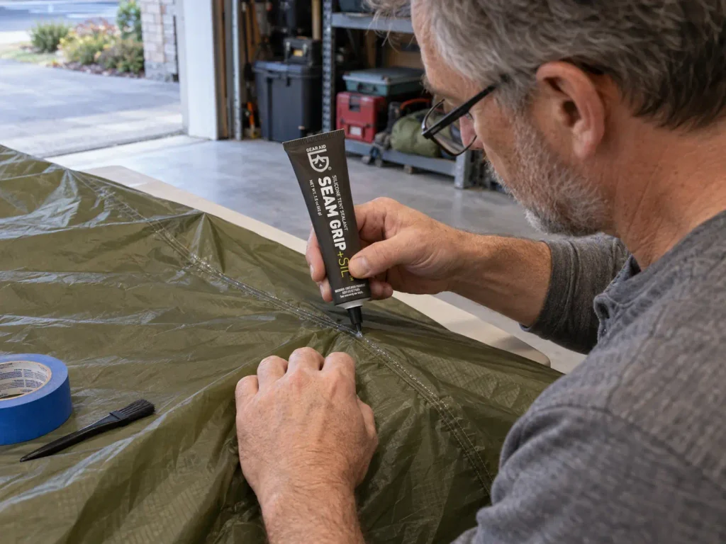 Hiker sealing silnylon tent seams with Seam Grip SIL in a garage, the silicone fix silnylon needs vs Dyneema