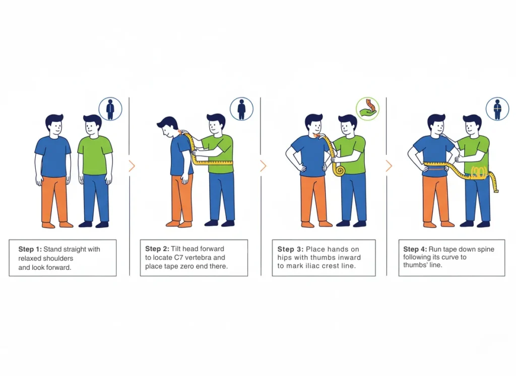 A horizontal infographic showing a four-step process for accurately measuring torso length using a flexible tape measure with a partner, featuring cartoon illustrations of two people in a modern explainer style.