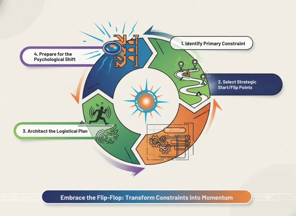 A dynamic circular infographic diagram illustrating the 4-Step Universal Flip-Flop Planning Framework, featuring vibrant icons for identifying constraints, selecting flip points, architecting logistics, and preparing psychological shifts, connected by flowing arrows in a high-energy vector style.