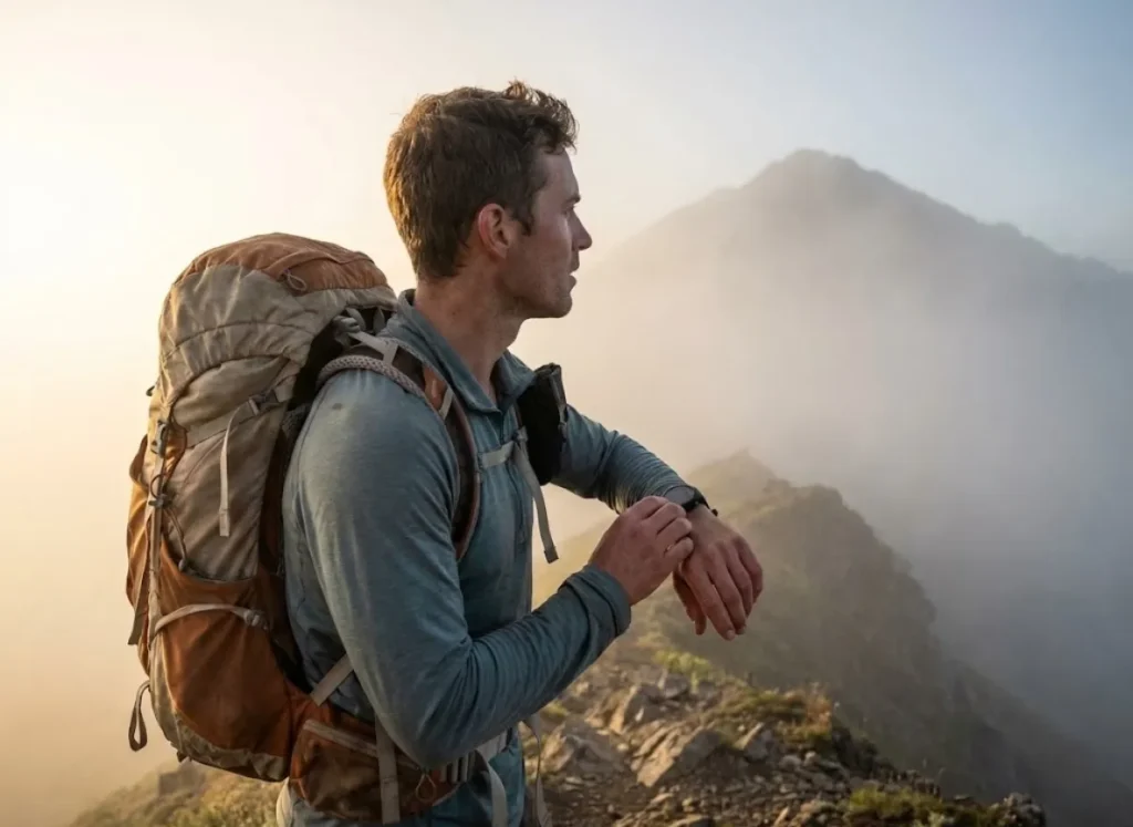 Thru-hiker wearing an Osprey Exos backpack and Altra Lone Peak shoes standing on a foggy ridgeline checking a Garmin watch.