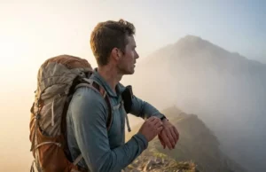 A 4-Week Mental Preparation Protocol for Thru Hiking Thru-hiker wearing an Osprey Exos backpack and Altra Lone Peak shoes standing on a foggy ridgeline checking a Garmin watch.