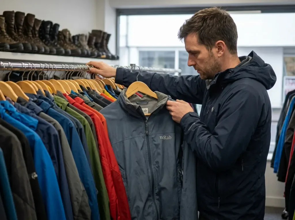 Hiker sorting through used rain shells on a secondhand gear rail hunting for an eVent jacket