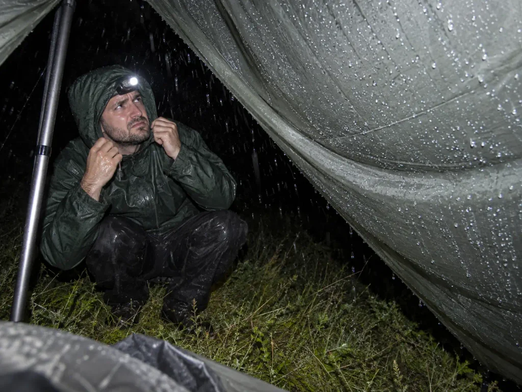 Silnylon mid shelter sagging in night rain as a hiker checks it, the wet-stretch problem in silnylon vs Dyneema