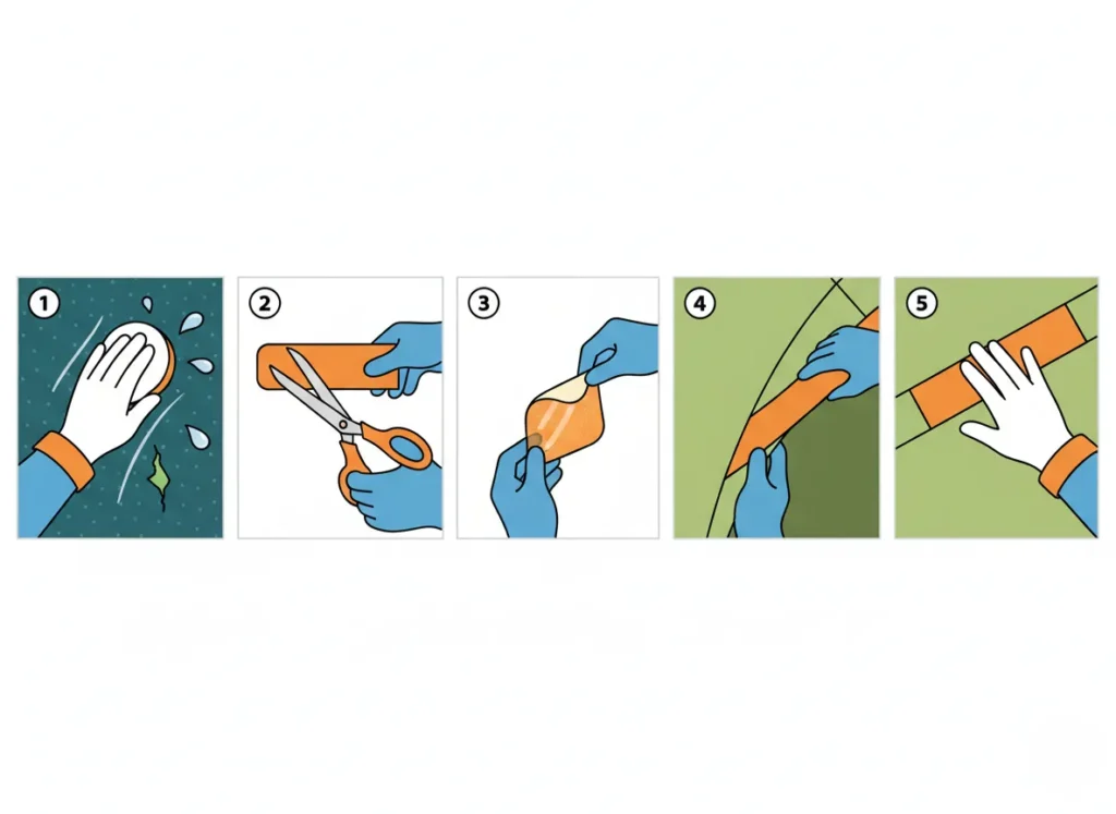 A minimalist infographic showing five sequential steps for field repairing Dyneema Composite Fabric (DCF) using adhesive tape, featuring icons for cleaning, cutting, peeling, applying, and pressing.