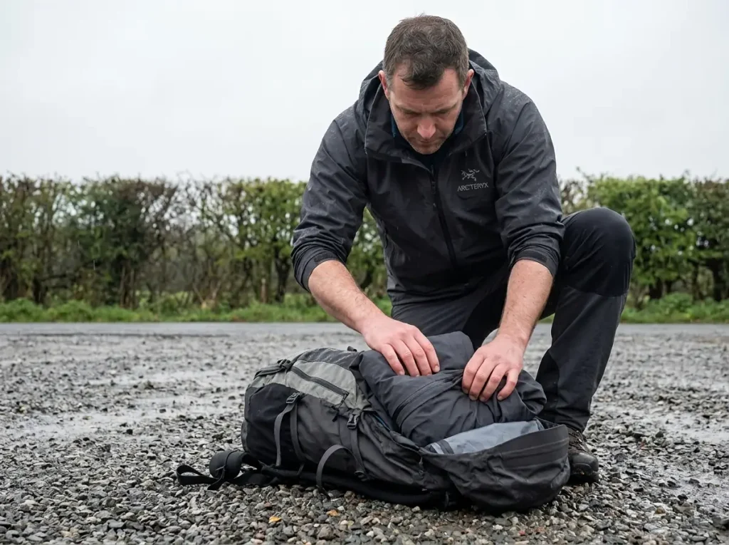 Hiker packing a Gore-Tex hardshell into a pack lid at a wet trailhead before setting off
