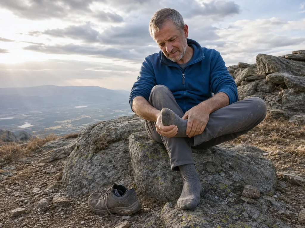 A hiker sitting on a rock easing off a shoe and pressing a thumb into a sore arch after a long rocky day