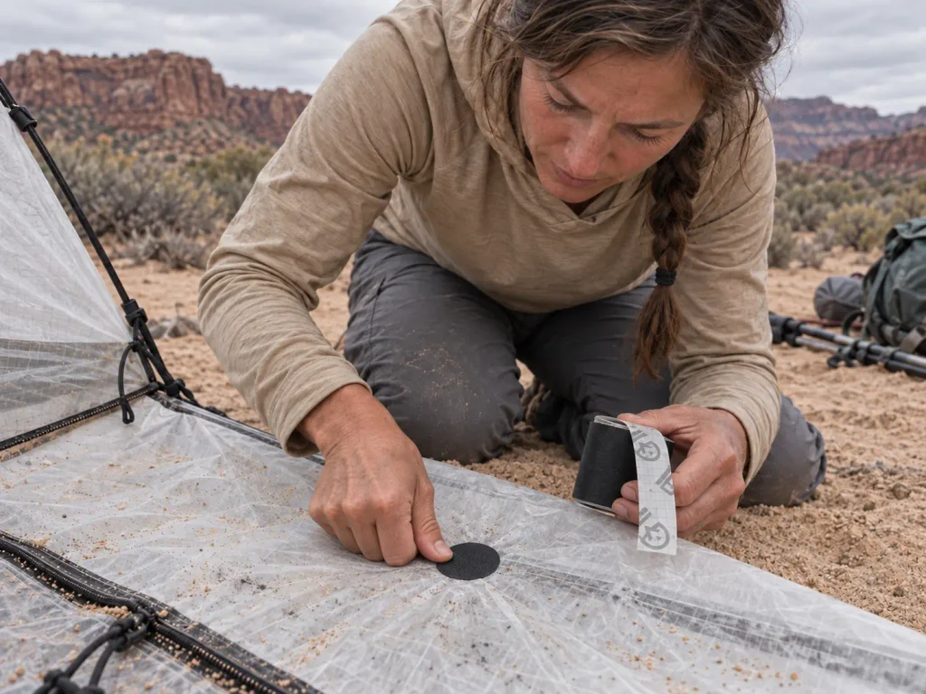 Hiker patching a pinhole in a DCF tent floor with Tenacious Tape, the field fix that works on Dyneema but not silnylon