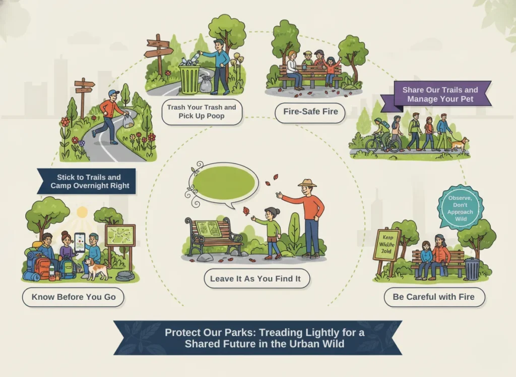 Vibrant flat vector infographic depicting the seven adapted Leave No Trace principles for city parks, arranged in an arcing trail layout with dynamic urban nature icons, colorful labels in contained text boxes, and energetic compositions highlighting responsible trail etiquette and environmental stewardship.
