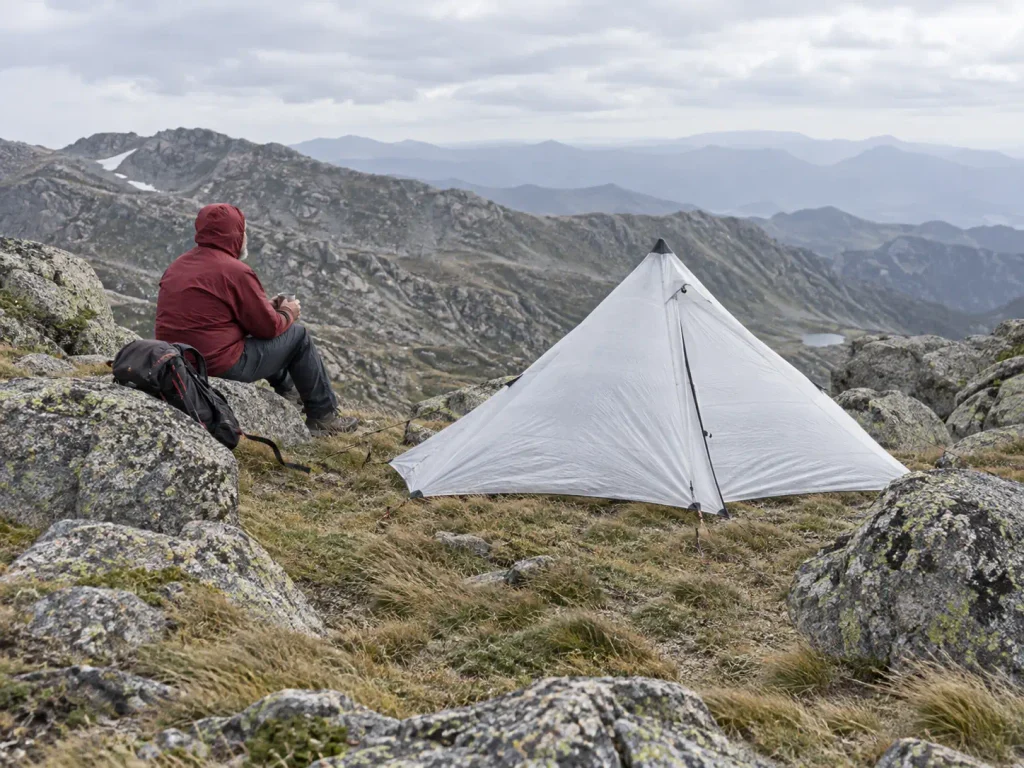 DCF pyramid shelter pitched above treeline in wind with a hiker resting, UV and wind exposure in silnylon vs Dyneema