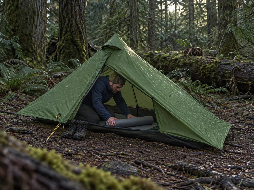 Six Moon Designs Lunar Solo silpoly tent pitched in a forest clearing, the third option beyond silnylon vs Dyneema