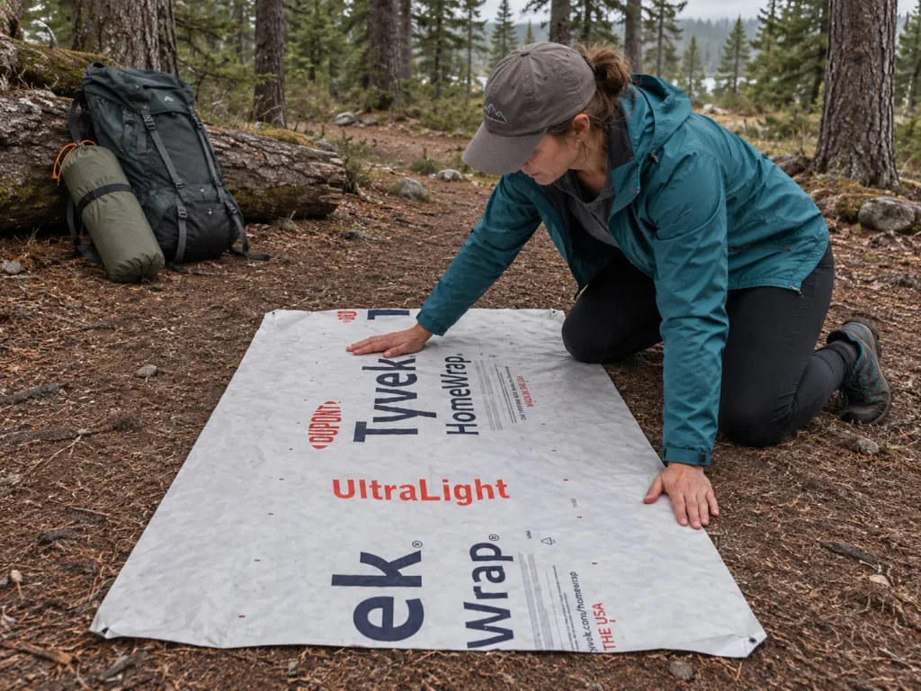 Hiker spreading a Tyvek ground sheet at a campsite before pitching, a budget floor saver in silnylon vs Dyneema setups