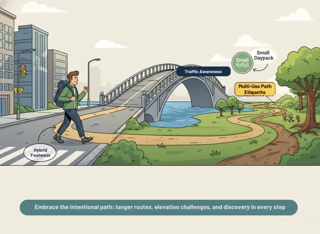 A dynamic infographic illustrating the anatomy of an urban hike, showing a hiker progressing from city streets over a bridge into a park, with annotated callouts for essential gear and etiquette in a vibrant, modern explainer cartoon style.