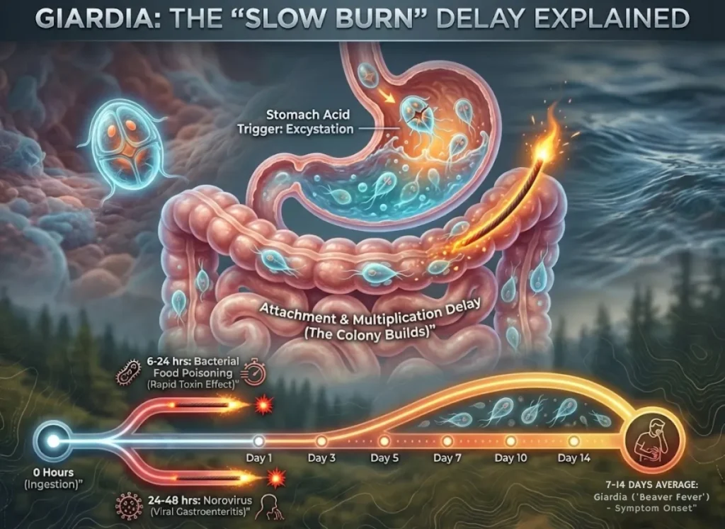 A sophisticated editorial infographic visualizing why Giardia symptoms are delayed. The top section shows a stylized biological path of a cyst entering the digestive tract, excysting in the stomach, and multiplying slowly in the small intestine, labeled "The Biological 'Slow Burn'." Below this, a horizontal comparison timeline shows immediate reactions for "Bacterial Food Poisoning (6-24 hrs)" and "Norovirus (24-48 hrs)," contrasted with a long, extended duration for "Giardia (7-14 Days)," highlighting the delay. The style is premium vector-realism with volumetric lighting.