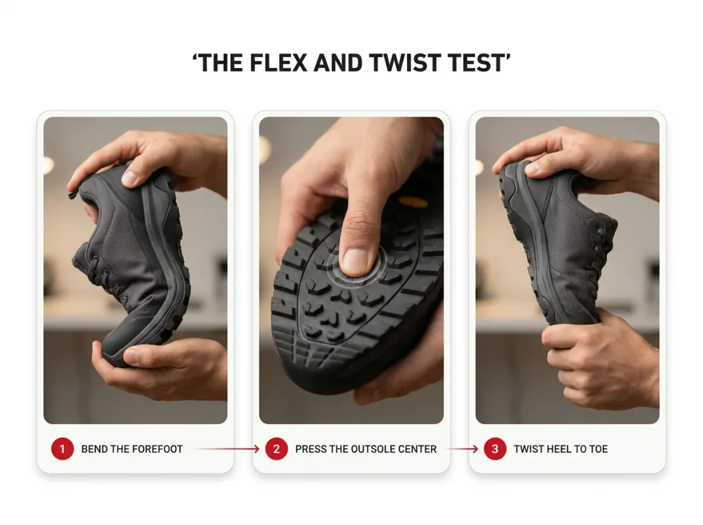 Step-by-step photo sequence showing how to flex, press, and twist a hiking shoe to check for a rock plate