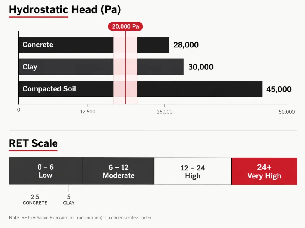 Chart comparing Gore-Tex and eVent hydrostatic head against a hiking-sufficiency threshold, plus the RET breathability scale