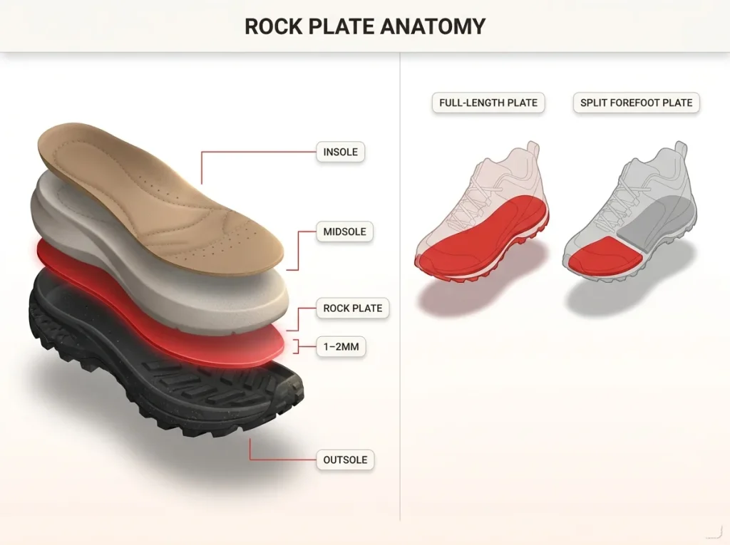 Infographic showing hiking shoe sole cross-section with rock plate layer, 1-2mm thickness callout, and full-length vs split plate comparison