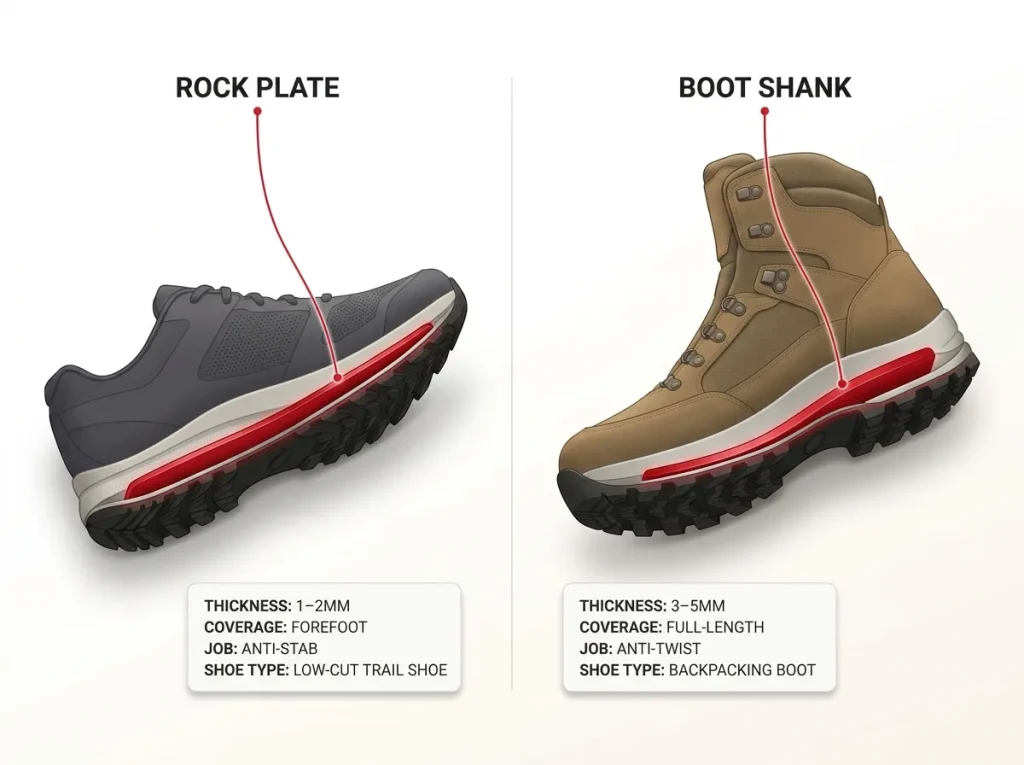 Side-by-side infographic comparing a hiking shoe rock plate to a backpacking boot shank with thickness, coverage, and job labels