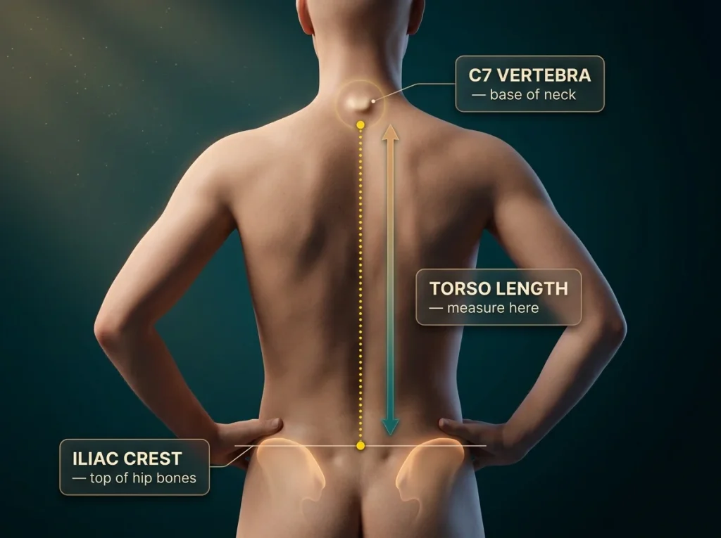 Rear-view anatomy diagram showing torso length measurement from C7 vertebra to iliac crest with labeled spine line
