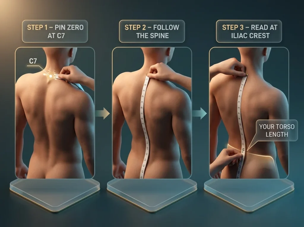 Three-frame sequence showing how to measure torso length with a tape from C7 down the spine to the iliac crest