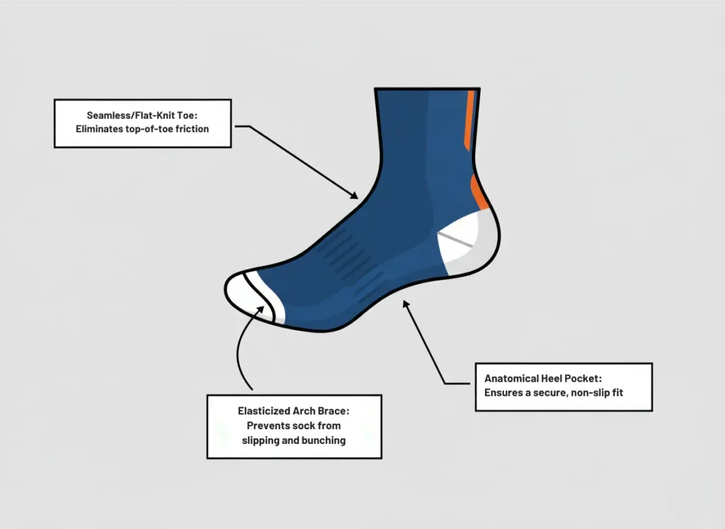 Infographic of a minimalist liner sock highlighting three key construction features with call-out annotations: smooth toe area, supportive mid-foot band, and contoured heel section for optimal fit and performance.