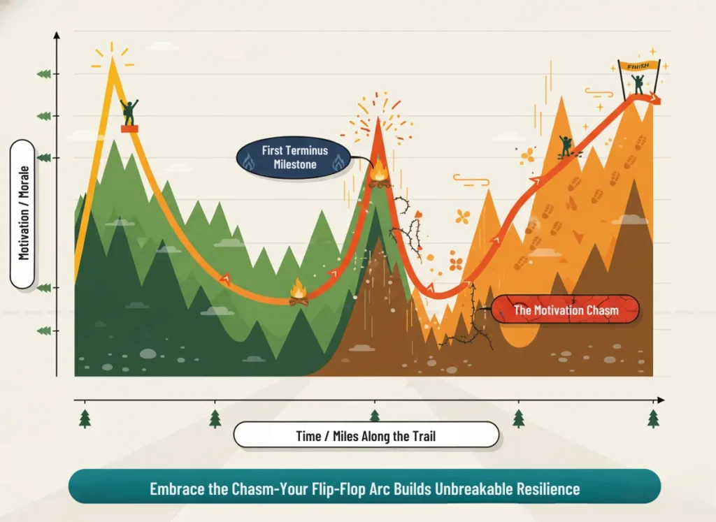 A dynamic line graph illustrating the psychological motivation arc of a flip-flop thru-hike, showing peaks, dips, and recovery over time and miles in an energetic infographic style with trail-inspired visuals.