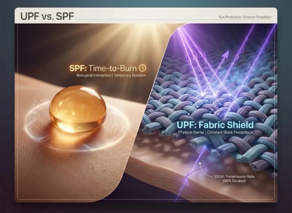A split-screen educational 3D illustration comparing sun protection methods. The left side shows a droplet of sunscreen on skin representing SPF and time-to-burn; the right side shows a macro view of fabric weave blocking UV rays representing UPF and percent blocked.
