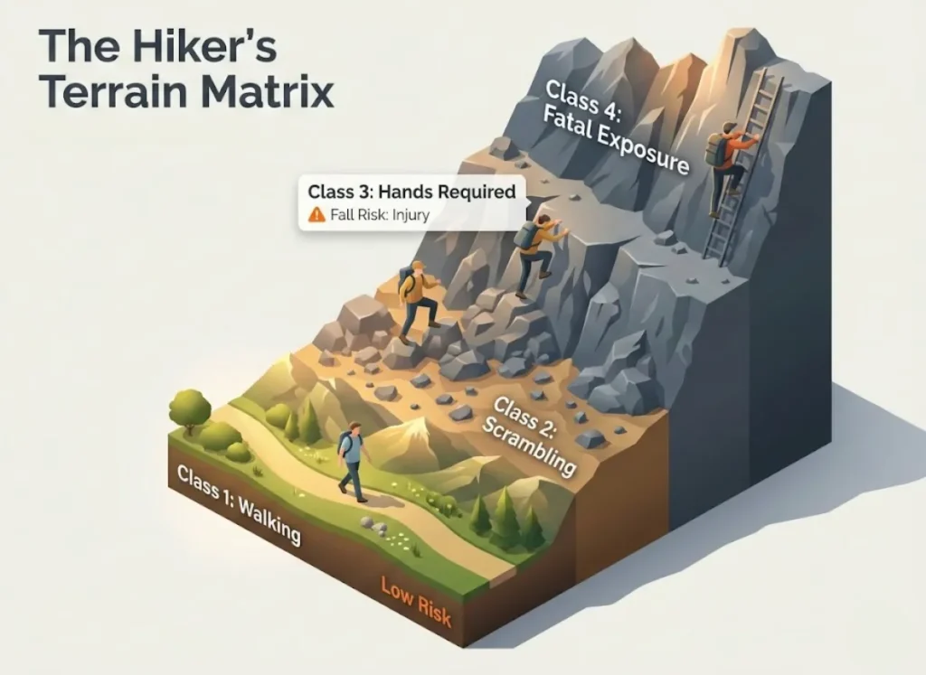 An isometric 3D cross-section of a mountain ascent illustrating the Yosemite Decimal System. It shows a progression from a gentle grassy path (Class 1) to rocky scree (Class 2), steep scrambling (Class 3), and an exposed vertical summit (Class 4), with text labels defining the risk and movement at each level.