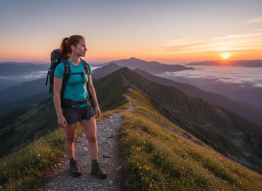 A female thru-hiker with red hair stands on a mountain ridge at sunrise, looking out at the trail ahead as part of her flip-flop hike.