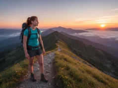 A Flip-Flop Thru-Hike Framework: Plan for Any Trail A female thru-hiker with red hair stands on a mountain ridge at sunrise, looking out at the trail ahead as part of her flip-flop hike.