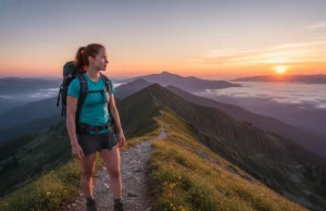 A Flip-Flop Thru-Hike Framework: Plan for Any Trail A female thru-hiker with red hair stands on a mountain ridge at sunrise, looking out at the trail ahead as part of her flip-flop hike.