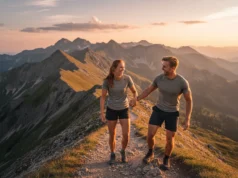 A Framework for Finding Safe & Skilled Hiking Partners A skilled and happy male and female hiking couple helping each other on a sunny mountain trail.