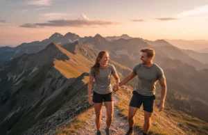 A Framework for Finding Safe & Skilled Hiking Partners A skilled and happy male and female hiking couple helping each other on a sunny mountain trail.