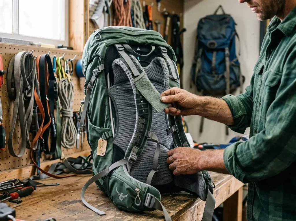 Sliding the adjustable Velcro torso harness on an Osprey pack to fit between sizes
