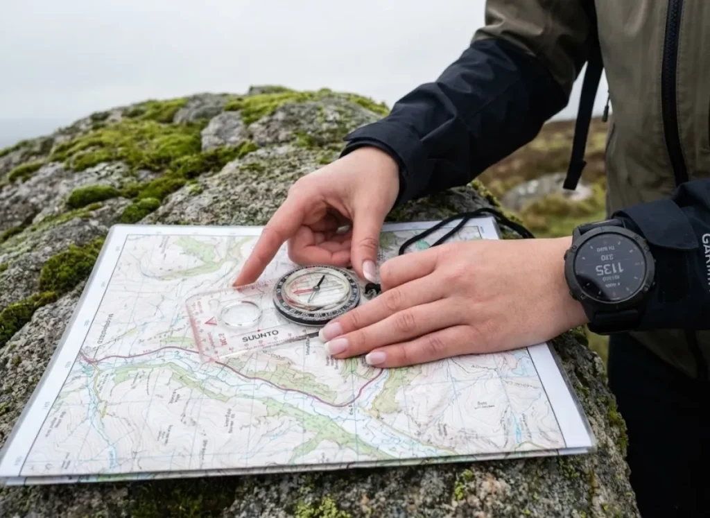 Close-up of a trekker's hands using a Suunto compass and topographic map on a granite rock, demonstrating analog navigation skills.