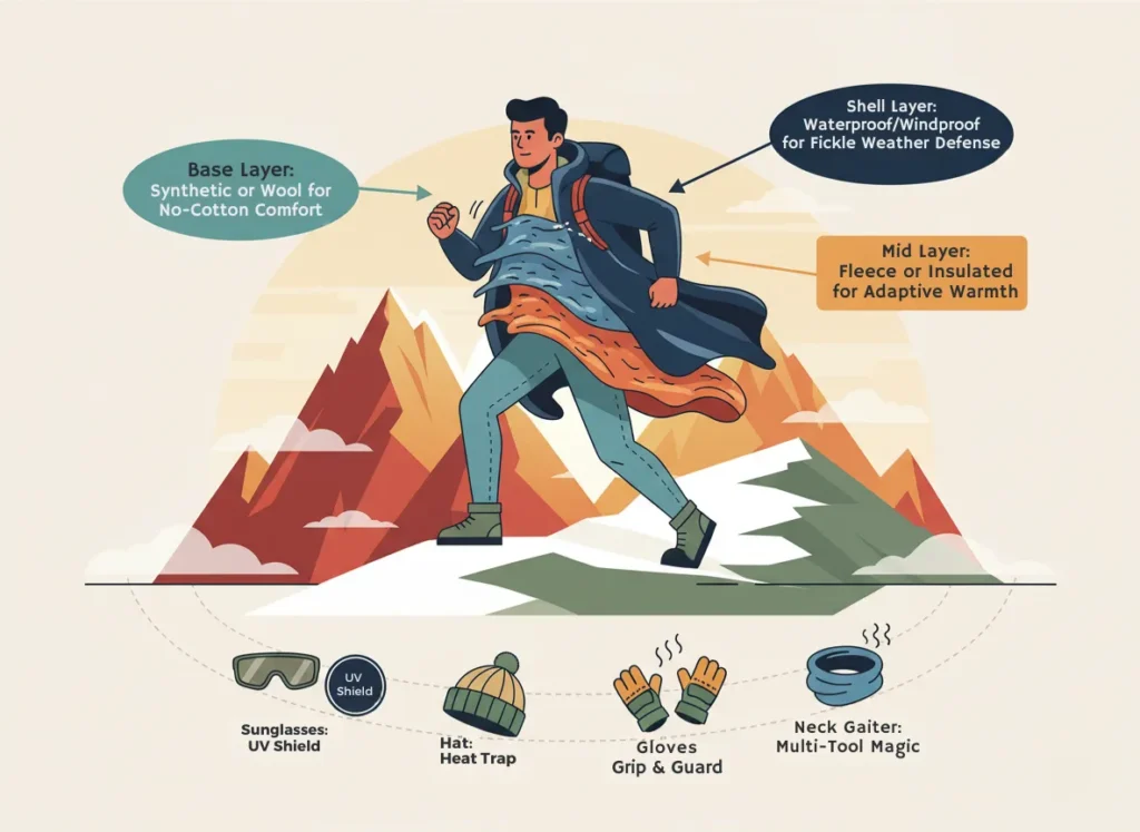 A vibrant infographic illustrating the 3-layer clothing system for alpine hiking, featuring a dynamic cartoon hiker with callout labels for base, mid, and shell layers, plus icons for essential accessories like sunglasses, hat, gloves, and a neck gaiter, in a modern explainer style.