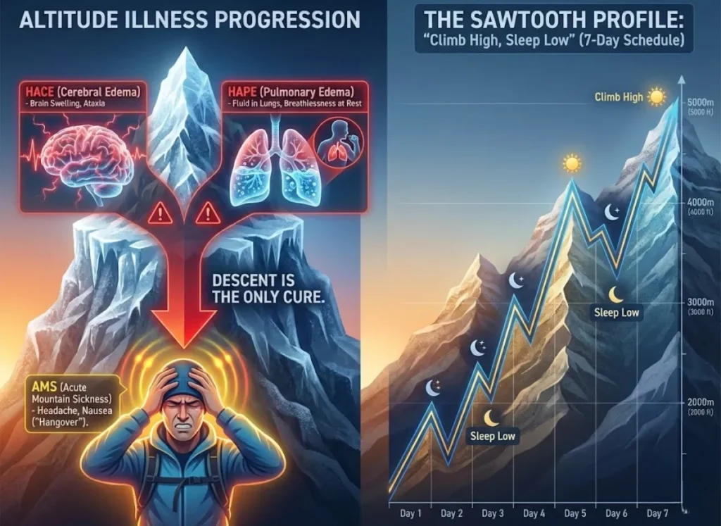 A comprehensive infographic illustrating the difference between Acute Mountain Sickness (AMS) and life-threatening conditions High Altitude Cerebral Edema (HACE) and High Altitude Pulmonary Edema (HAPE) on a stylized mountain. The left side shows progressive symptoms from mild AMS headache to critical brain swelling and lung fluid. The right side features a "Sawtooth Profile" chart demonstrating a 7-day "Climb High, Sleep Low" ascent schedule to prevent these conditions.