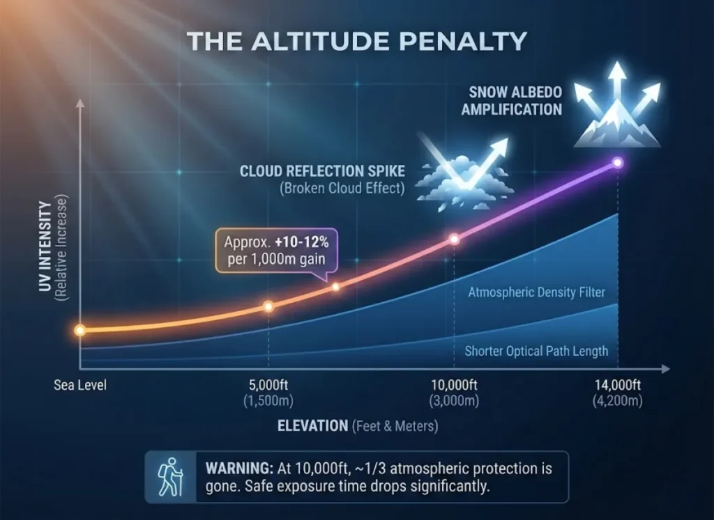 A scientific infographic titled "THE ALTITUDE PENALTY" illustrating the correlation between increasing elevation and rising UV radiation levels.