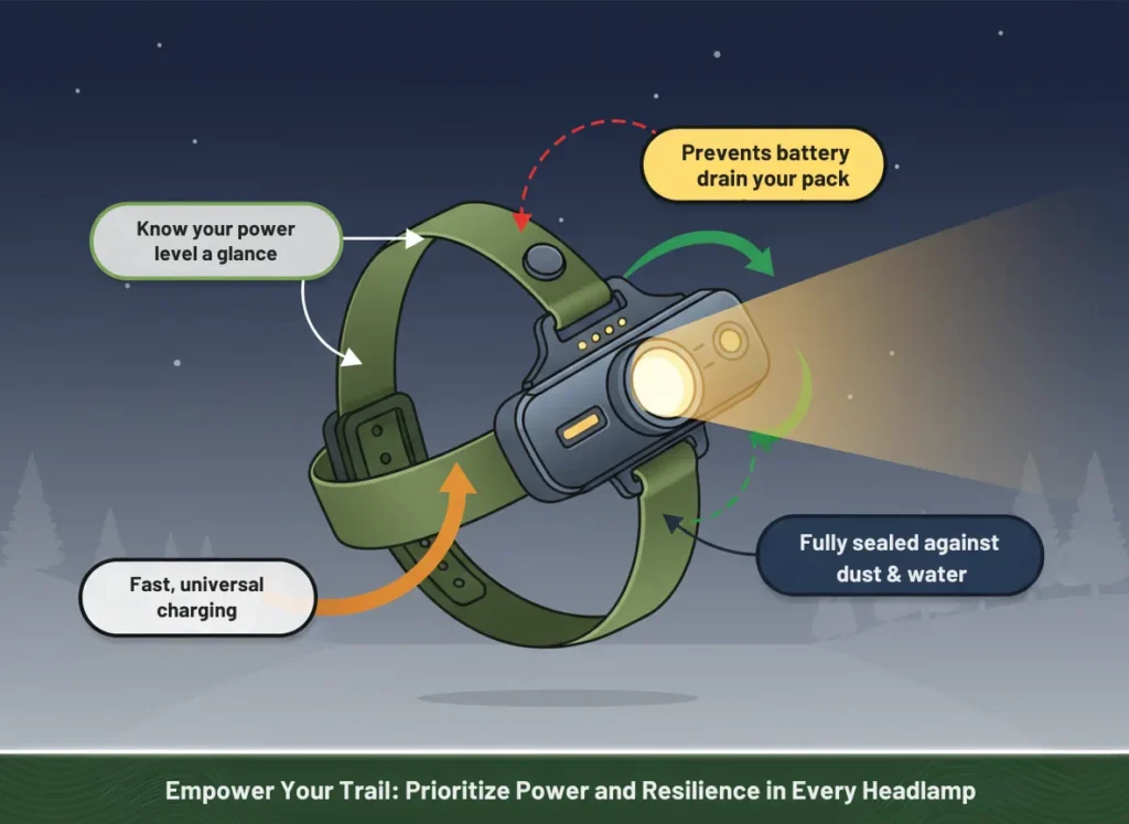 Infographic diagram of a BioLite Range 400-style hiking headlamp highlighting essential power and durability features with annotated callouts, including USB-C charging port, IP67 sealed housing, lockout function, and battery indicator, in a vibrant explainer style for outdoor enthusiasts.