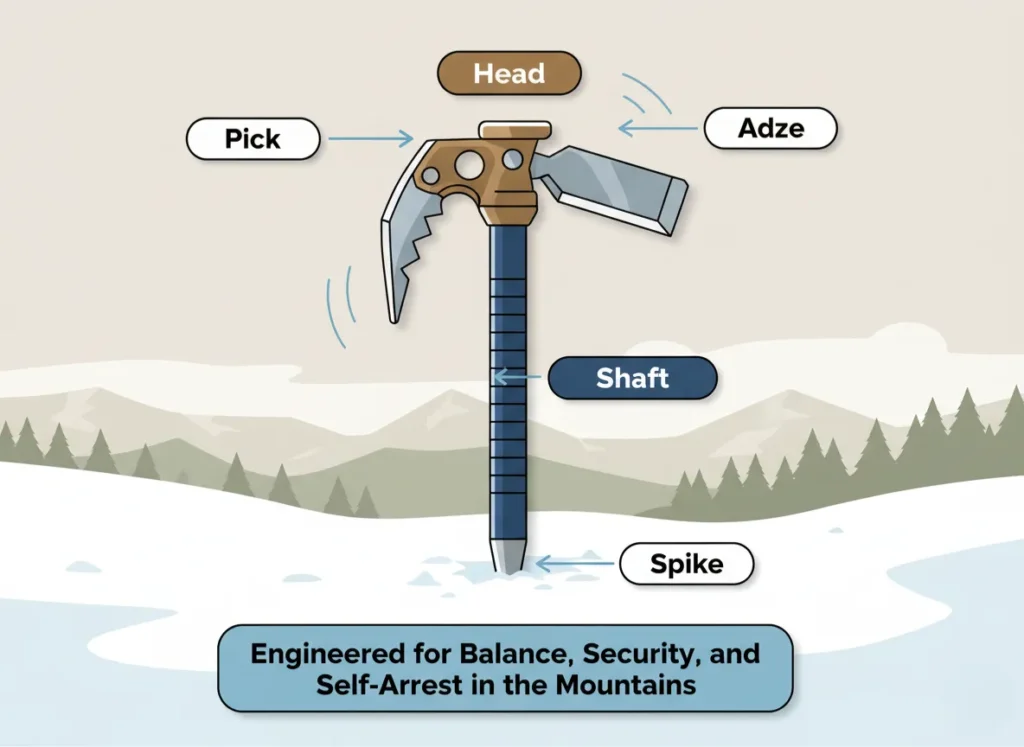 A clean, labeled infographic illustrating the key components of a standard mountaineering axe, including the head with pick and adze, straight shaft, and spike, in a vibrant vector style for educational clarity.