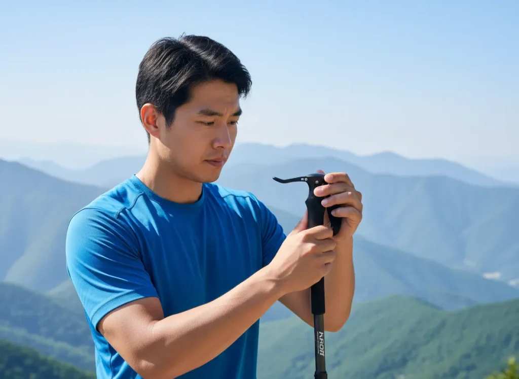 A male hiker stops on a trail to inspect the locking mechanism on his trekking pole, demonstrating the process of choosing the right gear.
