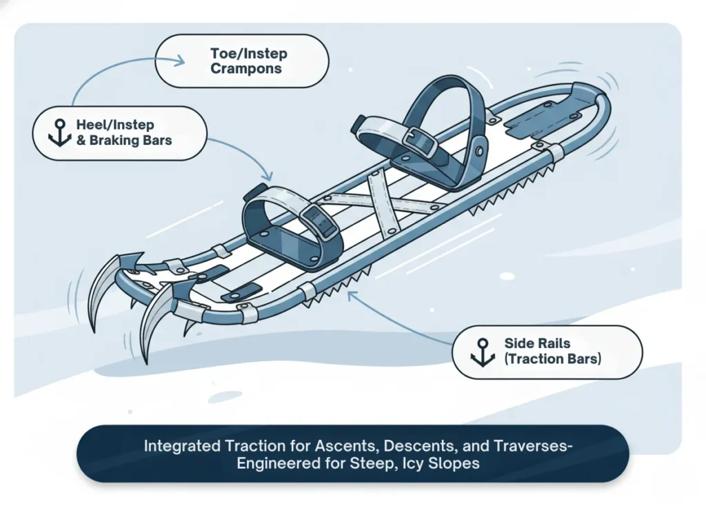 A detailed infographic diagram illustrating the key traction components of a mountain snowshoe, including toe/instep crampons, heel crampons with braking bars, and side rails, in a vibrant flat vector style for educational winter gear explanation.