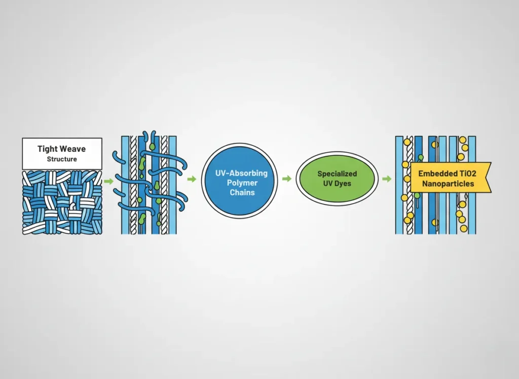 A minimalist vector infographic illustrating a magnified cross-section of UPF 50+ fabric, highlighting tight weave structure, UV-absorbing polymer chains, embedded TiO2 nanoparticles, and specialized UV dyes for enhanced sun protection.