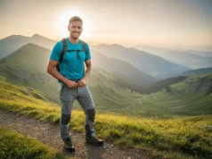 Are Convertible Hiking Pants Worth It? A Data-Backed Review A male hiker with an athletic build smiling as he converts his hiking pants into shorts on a scenic mountain trail at sunrise.
