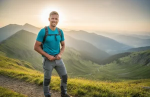 Are Convertible Hiking Pants Worth It? A Data-Backed Review A male hiker with an athletic build smiling as he converts his hiking pants into shorts on a scenic mountain trail at sunrise.
